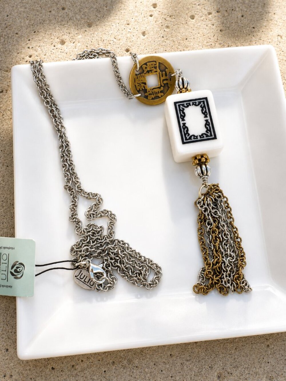 Dragon! Julio Designs Mahjong Tile Tassel Necklace - White Dragon - NWT